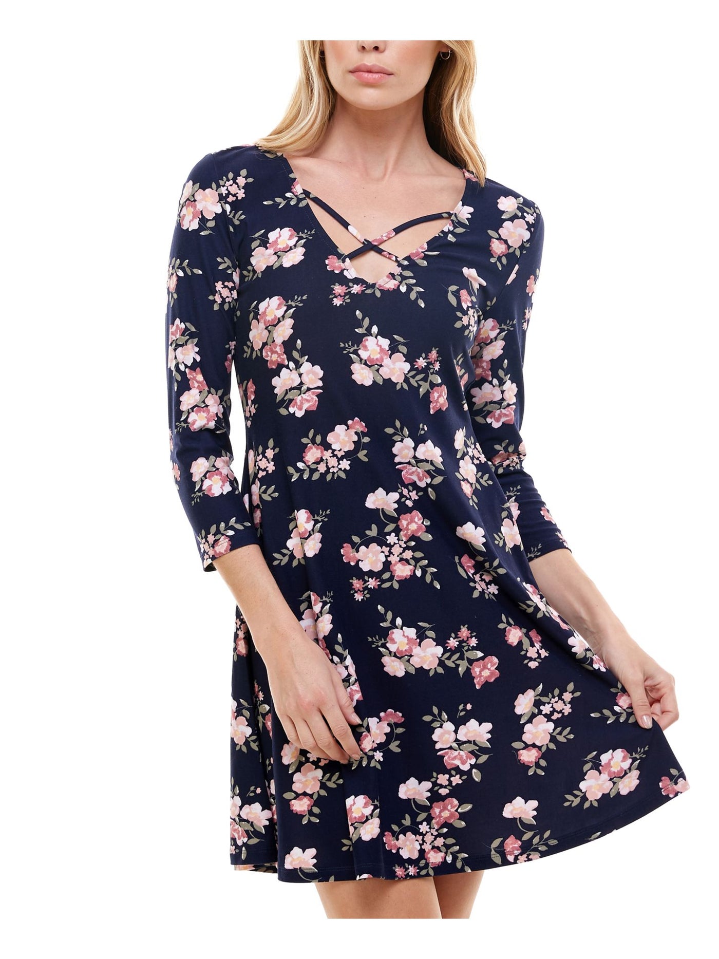 PLANET GOLD Womens 3/4 Sleeve Caged V Neck Short A-Line Dress