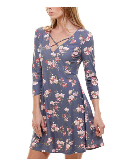 PLANET GOLD Womens Gray Floral 3/4 Sleeve V Neck Short A-Line Dress S