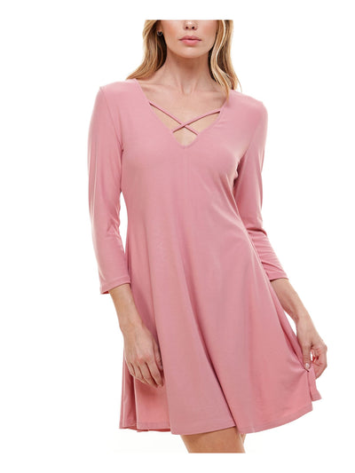 PLANET GOLD Womens Pink 3/4 Sleeve V Neck Short A-Line Dress S