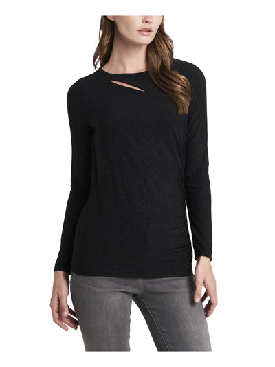 VINCE CAMUTO Womens Black Cut Out Glitter Ruched Long Sleeve Crew Neck Cocktail Top XS