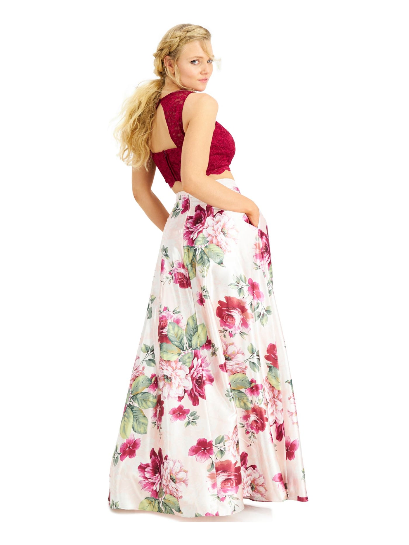 CRYSTAL DOLLS Womens Pink Zippered Pocketed Lined Floral Full-Length Prom A-Line Skirt 15