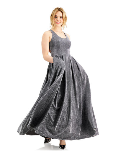 MORGAN & CO Womens Silver Glitter Pleated Gown Sleeveless Scoop Neck Full-Length Formal Fit + Flare Dress 1