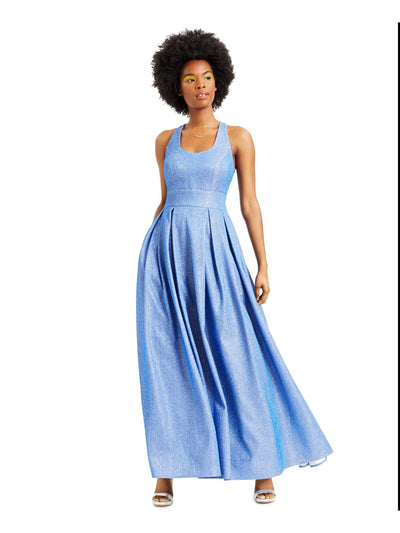 MORGAN & CO Womens Blue Glitter Pleated Gown Sleeveless Scoop Neck Full-Length Formal Fit + Flare Dress 1