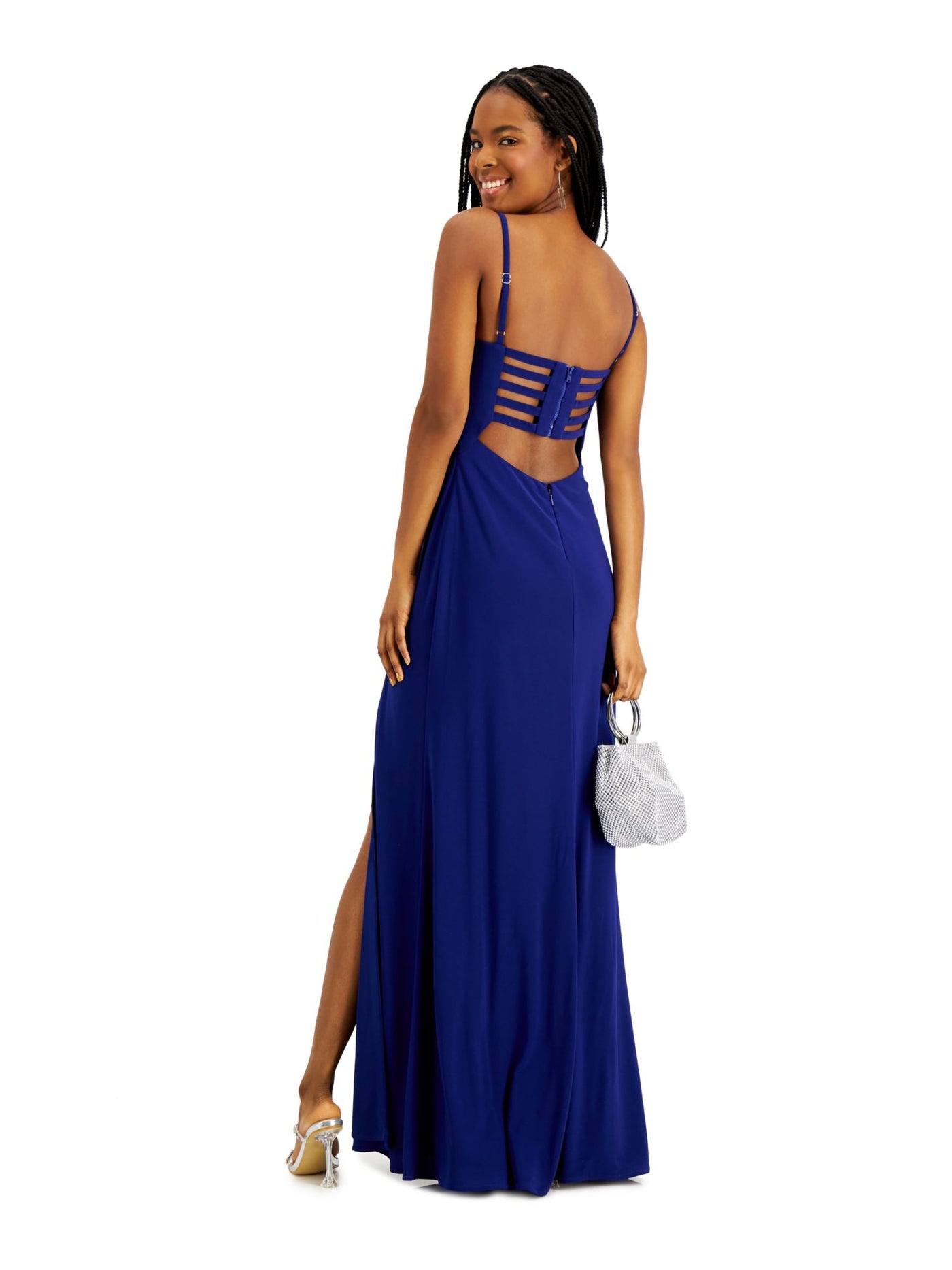 MORGAN & CO Womens Blue Slitted Zippered Strappy Open-back Gown Spaghetti Strap Sweetheart Neckline Full-Length Evening Dress Juniors 15