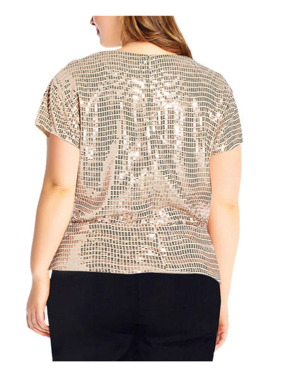 ADRIANNA PAPELL Womens Gold Embellished Metallic Foil-knit Short Sleeve Surplice Neckline Evening Wrap Top Petites 0P