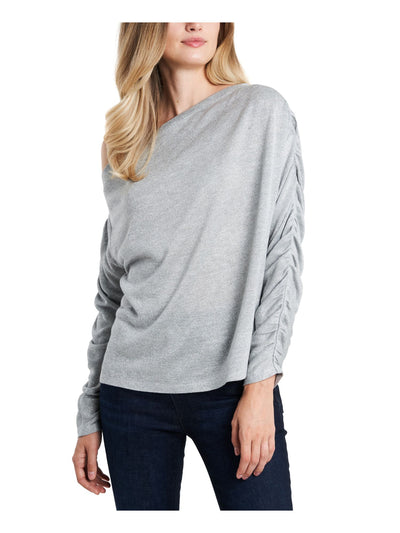 1. STATE Womens Beige Glitter Metallic One-shoulder Ruched Long Sleeve Asymmetrical Neckline Party Blouse S