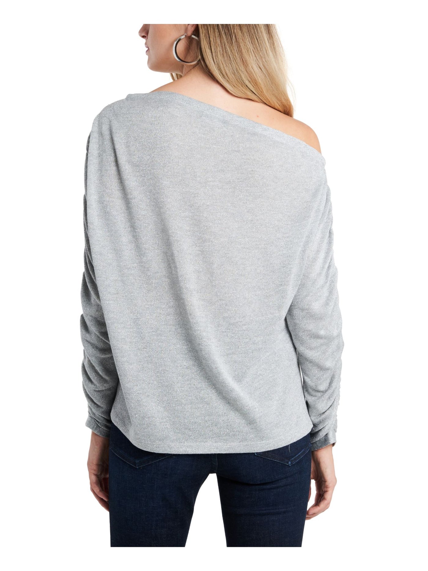 1. STATE Womens Beige Glitter Metallic One-shoulder Ruched Long Sleeve Asymmetrical Neckline Party Blouse L