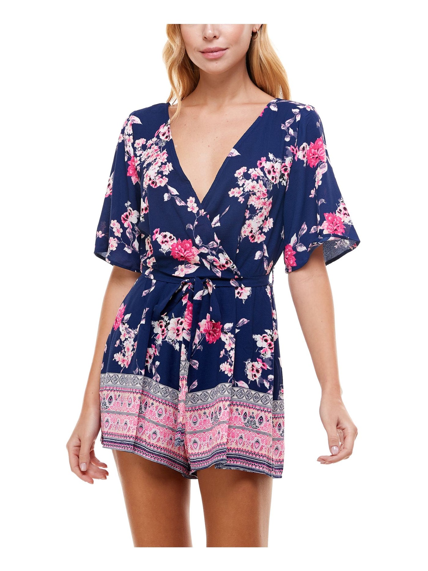 TRIXXI Womens Navy Stretch Belted Floral Surplice Neckline Romper S