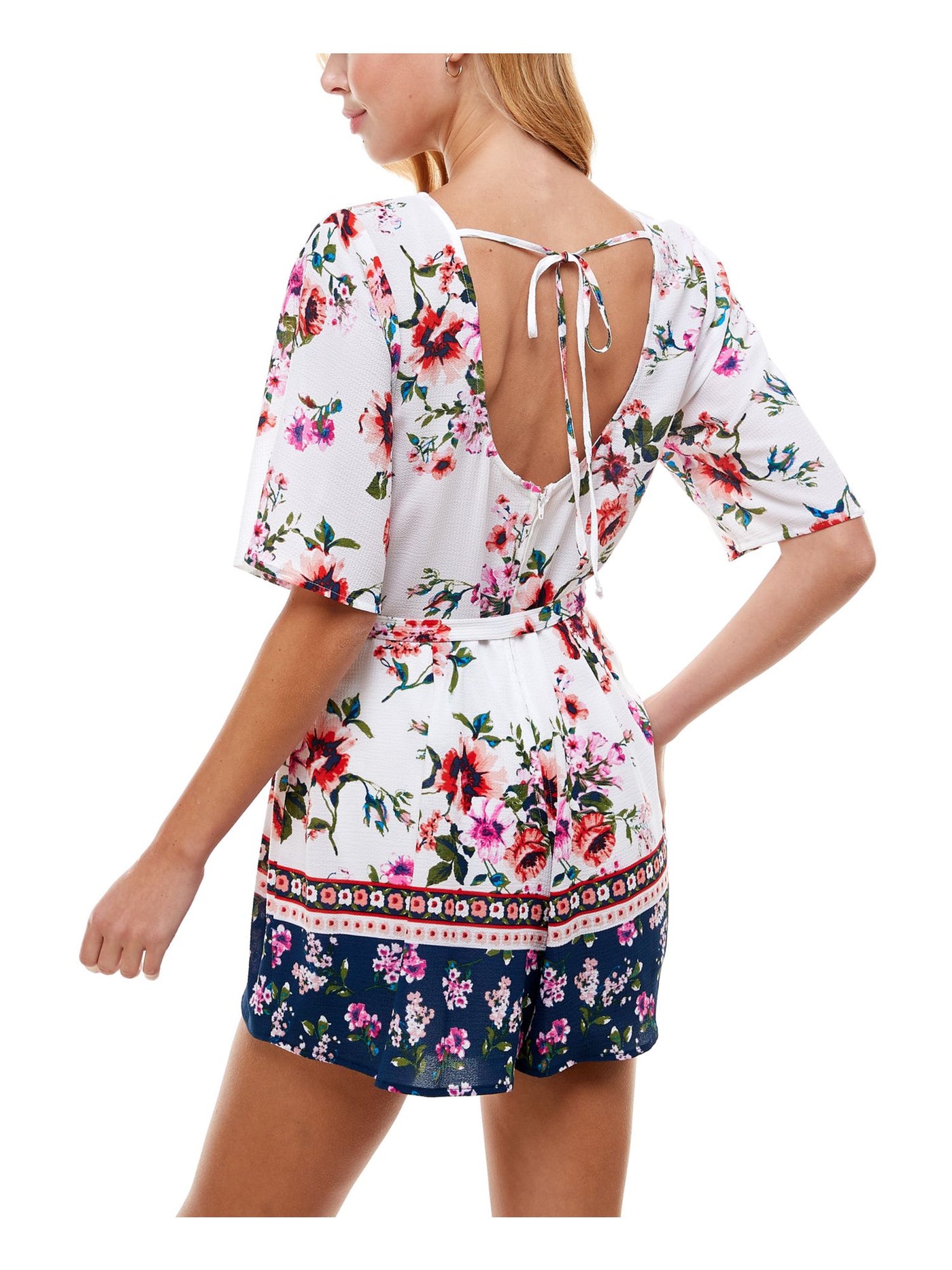 TRIXXI Womens White Stretch Zippered Tie Floral Surplice Neckline Kimono Romper M