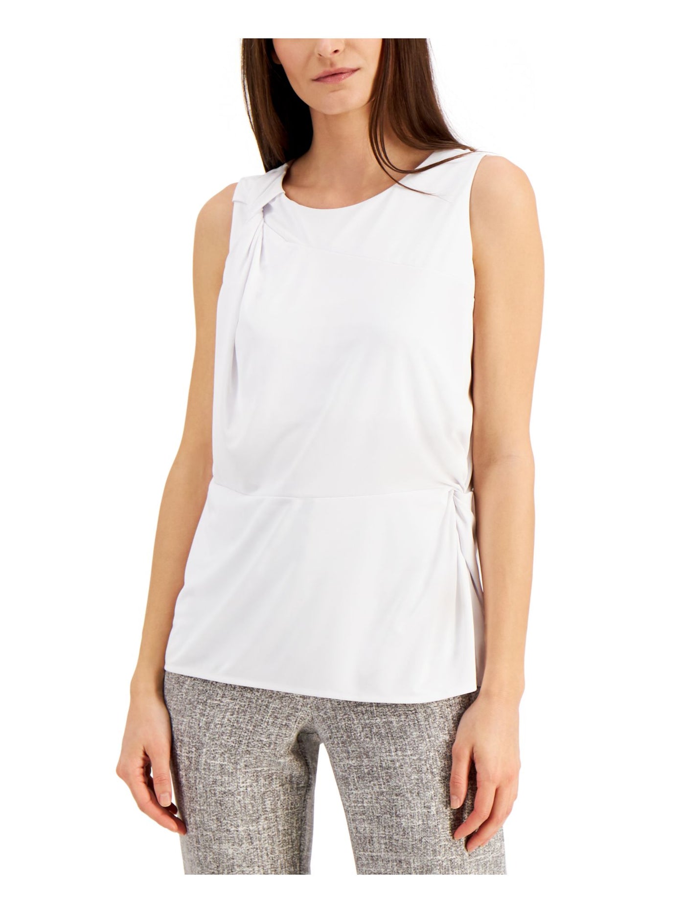 ALFANI Womens White Ruched Sleeveless Jewel Neck Top L