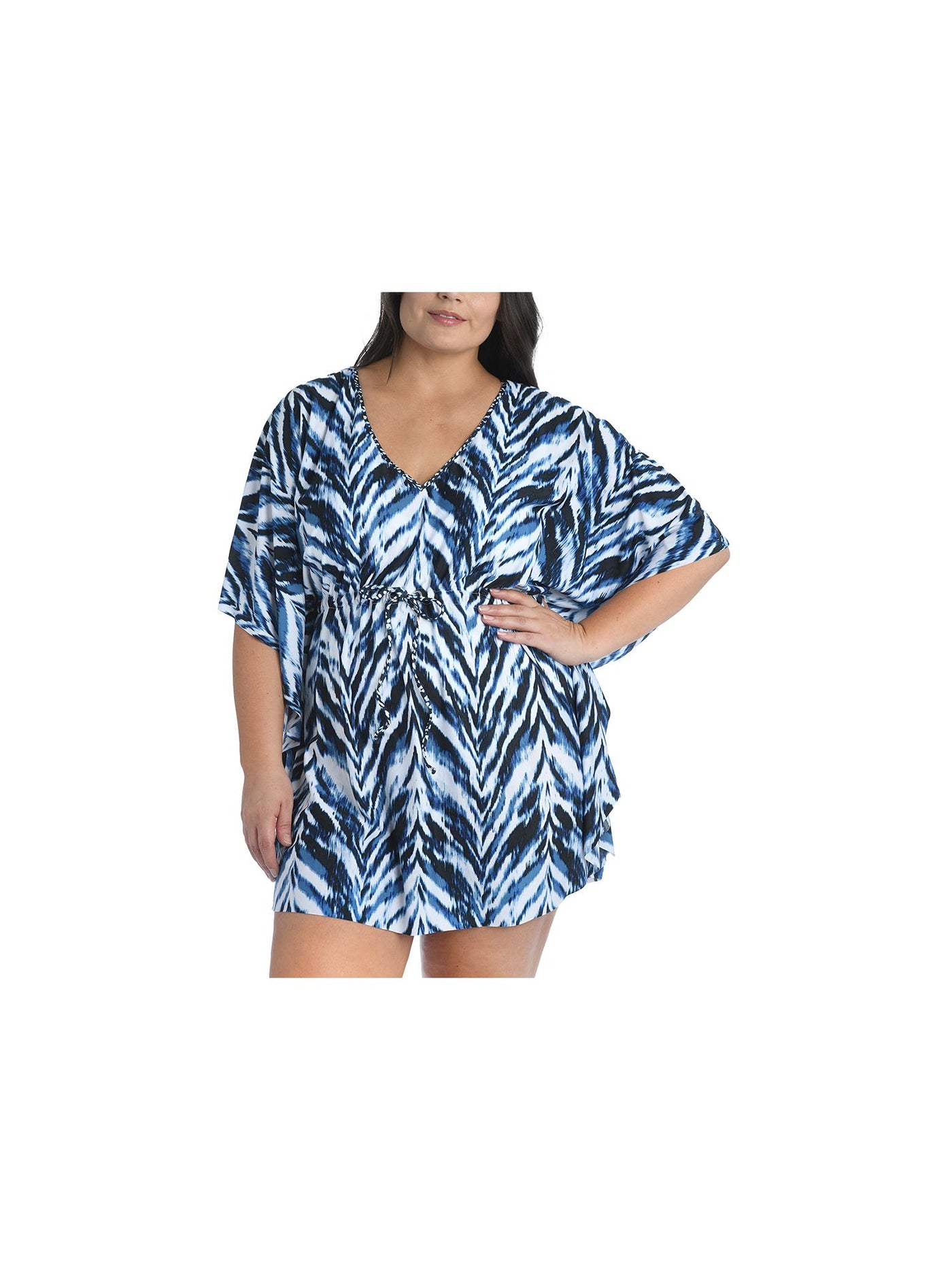 LA BLANCA Women's Blue Printed Stretch Caftan Deep V Neck Tie Swimsuit Cover Up S