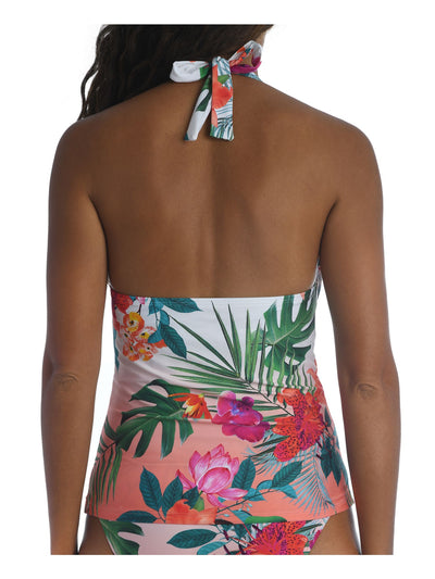 LA BLANCA Women's Coral Tropical Print Stretch Allover Slimming Lined Ruched Tie Deep V Neck Halter Tankini Swimsuit Top 12