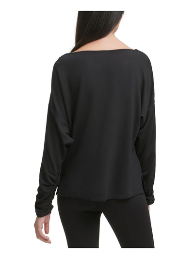 DKNY Womens Black Ruched Long Sleeve Scoop Neck Top XL