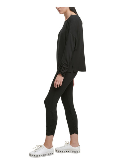 DKNY Womens Black Ruched Long Sleeve Scoop Neck Top XS