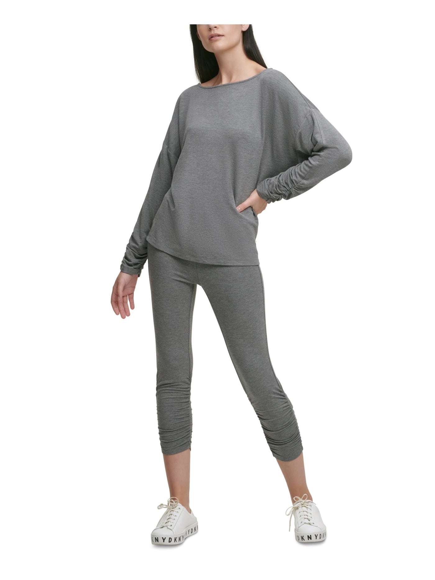 DKNY Womens Gray Ruched Long Sleeve Scoop Neck T-Shirt XS