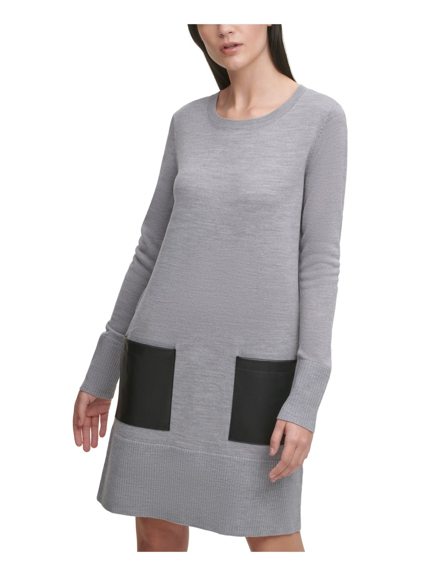 DKNY Womens Pocketed Sweater Long Sleeve Crew Neck Above The Knee Shift Dress