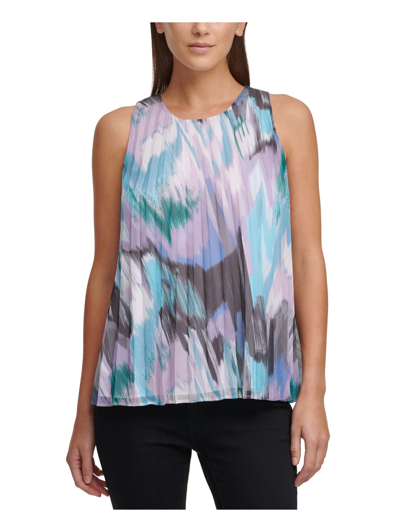 DKNY Womens Pleated Chiffon Sleeveless Scoop Neck Top