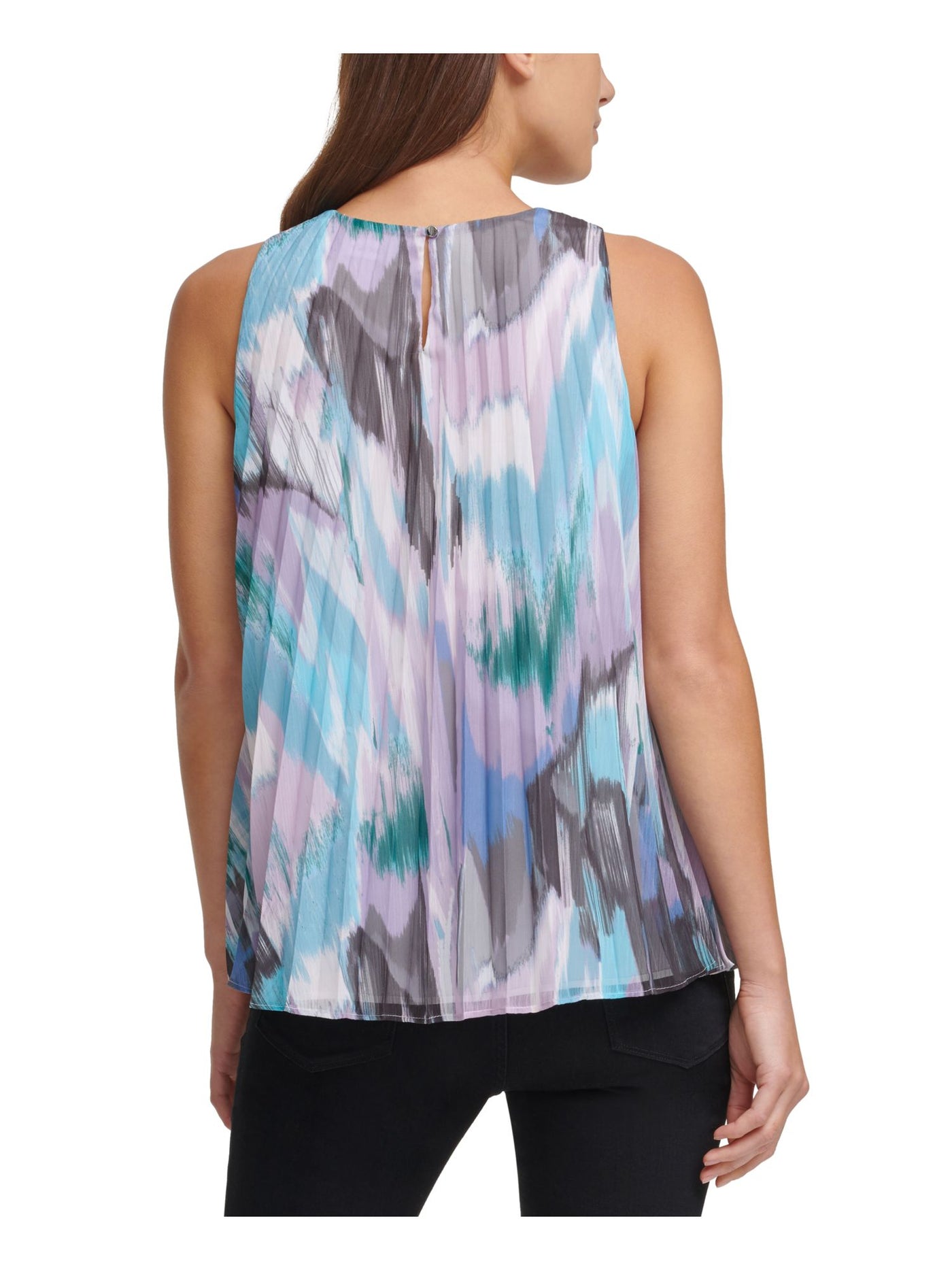 DKNY Womens Pleated Chiffon Sleeveless Scoop Neck Top