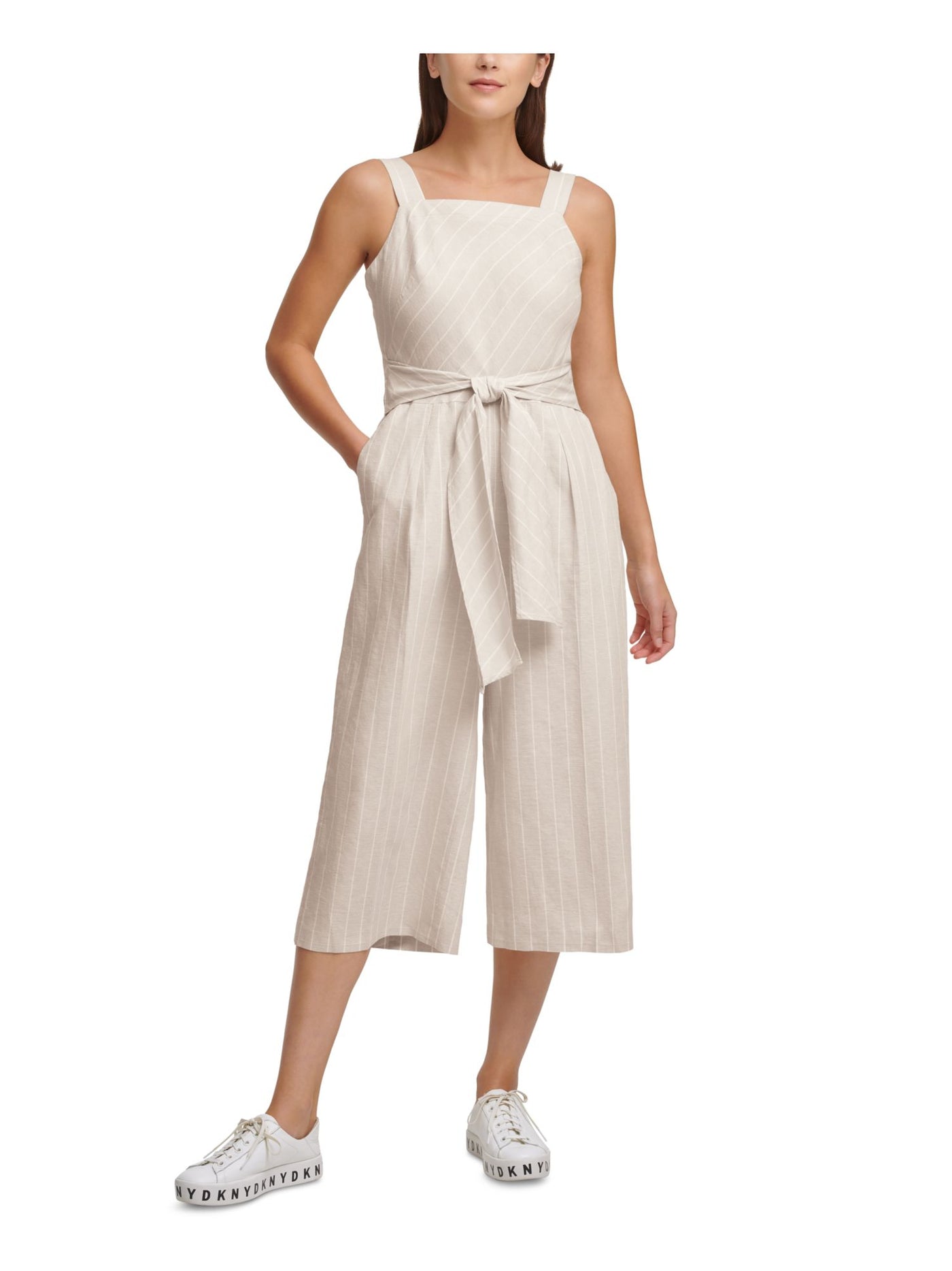 DKNY Womens Zippered Pocketed Tie Front Sleeveless Square Neck Wide Leg Jumpsuit