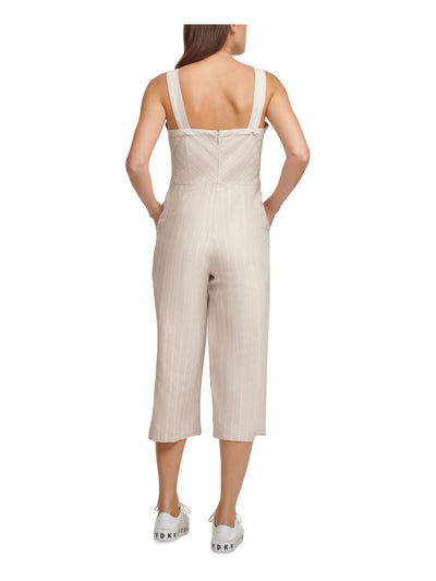 DKNY Womens Beige Zippered Pocketed Tie Front Striped Sleeveless Square Neck Wide Leg Jumpsuit L