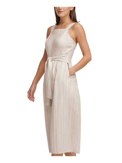 DKNY Womens Beige Zippered Pocketed Tie Front Striped Sleeveless Square Neck Wide Leg Jumpsuit S