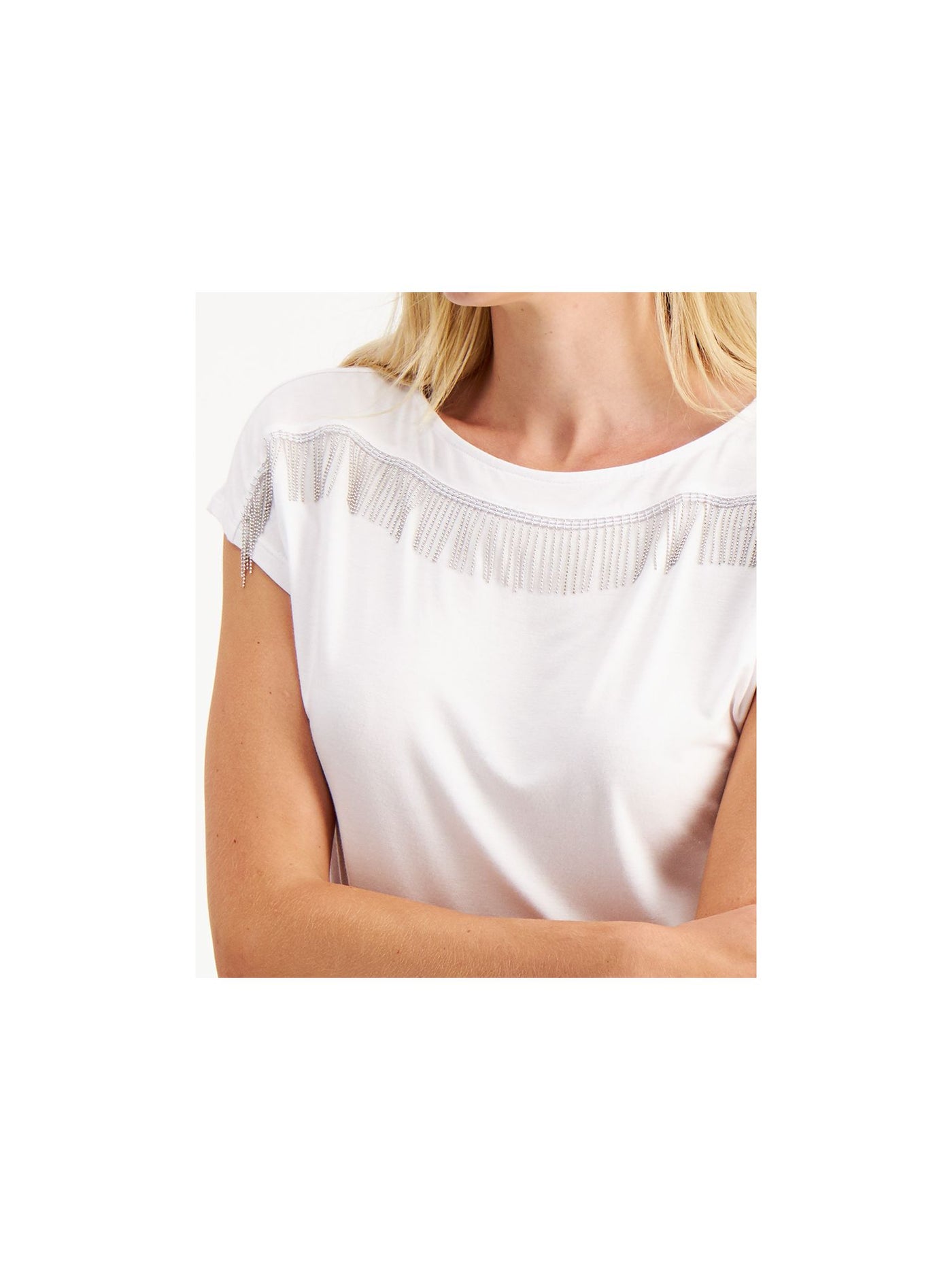 BAR III Womens White Fringed Cap Sleeve Boat Neck T-Shirt M