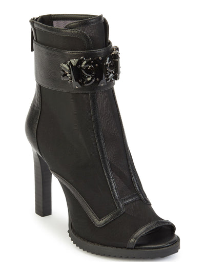 KARL LAGERFELD PARIS Womens Black Mixed Media Mesh Sheer Embellished Blayze Peep Toe Block Heel Zip-Up Dress Booties 5