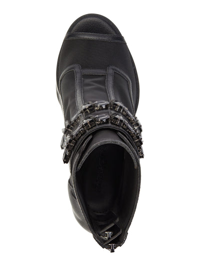 KARL LAGERFELD PARIS Womens Black Mixed Media Mesh Sheer Embellished Blayze Peep Toe Block Heel Zip-Up Dress Booties 5