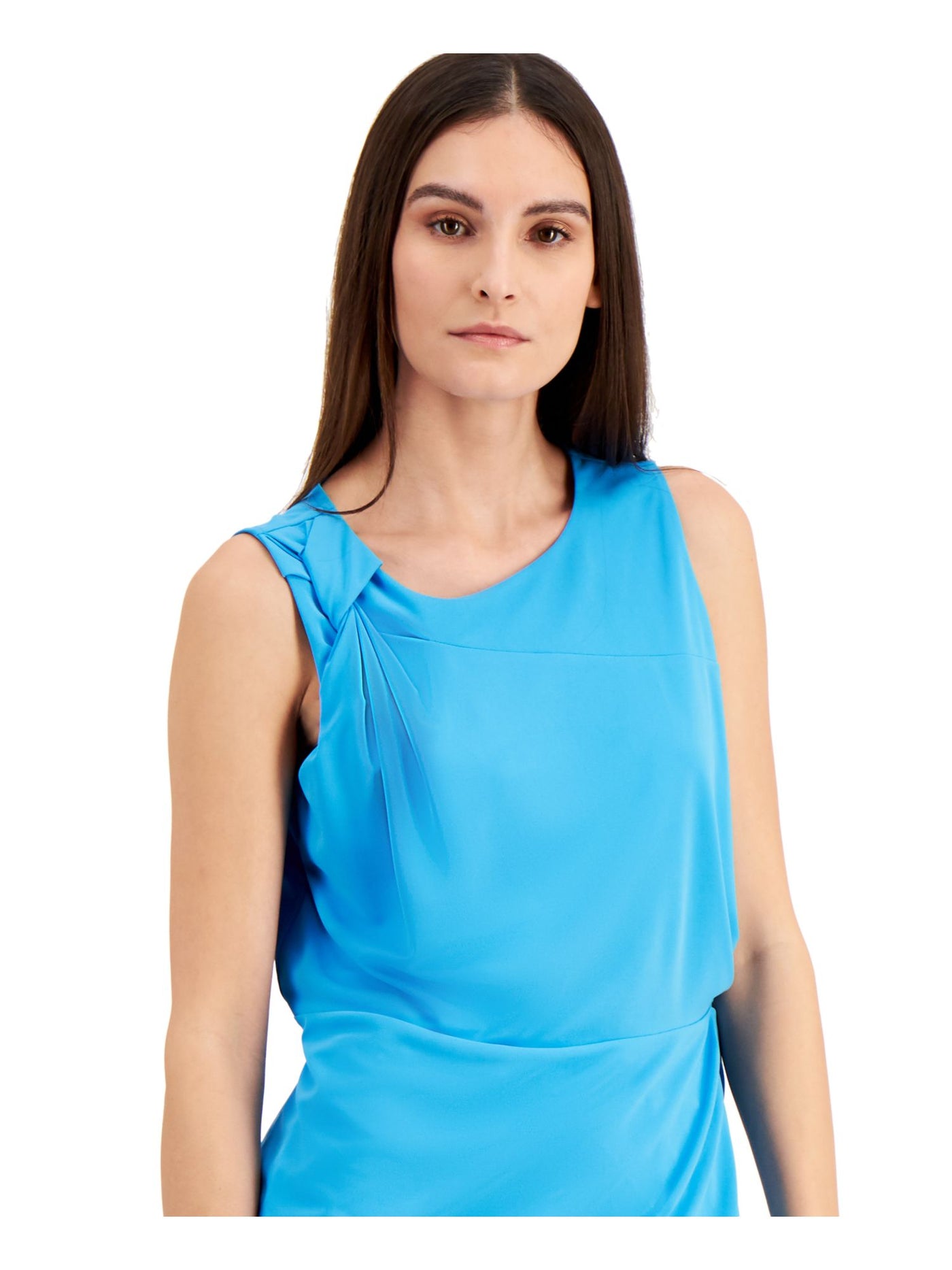 ALFANI Womens Blue Ruched Twist-front Sleeveless Jewel Neck Top S