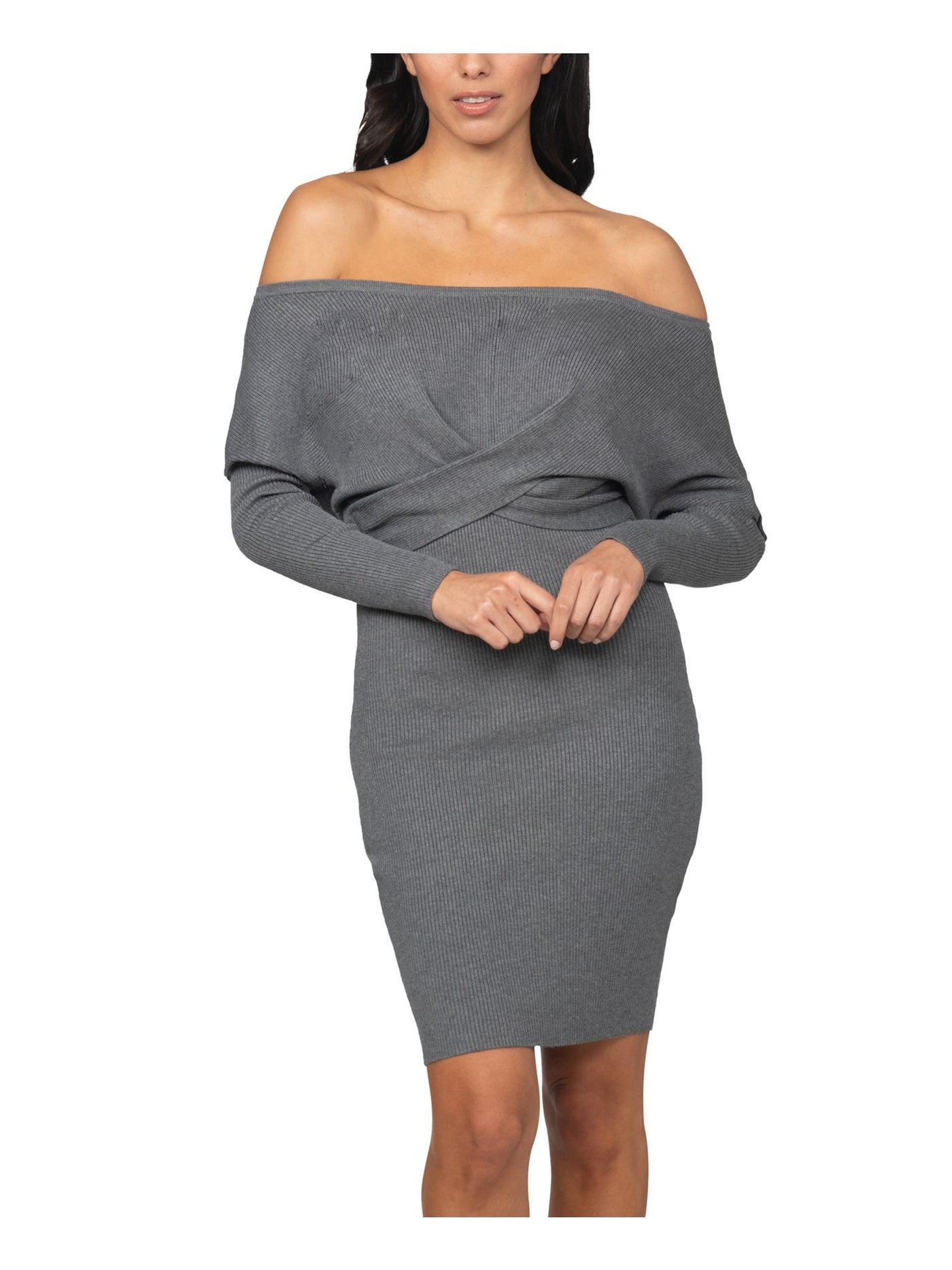 BEBE Womens Gray Stretch Ribbed Twist-front Heather Dolman Sleeve Off Shoulder Above The Knee Evening Sweater Dress M