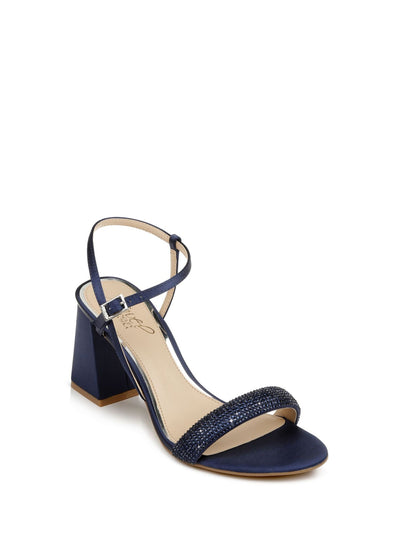 JEWEL BADGLEY MISCHKA Womens Navy Ankle Strap Rhinestone Asymmetrical Earlene Almond Toe Flare Buckle Heeled Sandal 11