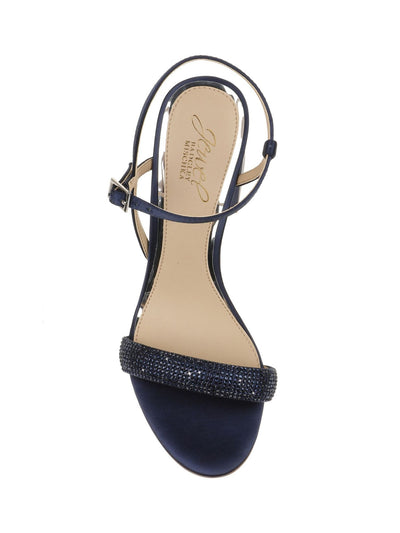 JEWEL BADGLEY MISCHKA Womens Navy Ankle Strap Rhinestone Asymmetrical Earlene Almond Toe Flare Buckle Heeled Sandal 9.5