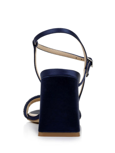 JEWEL BADGLEY MISCHKA Womens Navy Ankle Strap Rhinestone Asymmetrical Earlene Almond Toe Flare Buckle Heeled Sandal 11