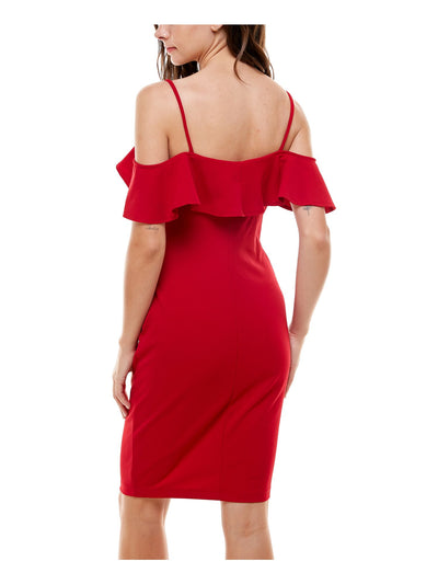 EMERALD SUNDAE Womens Red Ruffled Cold Shoulder Spaghetti Strap V Neck Above The Knee Party Body Con Dress S