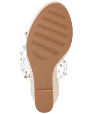 STEVE MADDEN Womens Tan Clear Studded Strappy Maici Round Toe Wedge Buckle Espadrille Shoes M