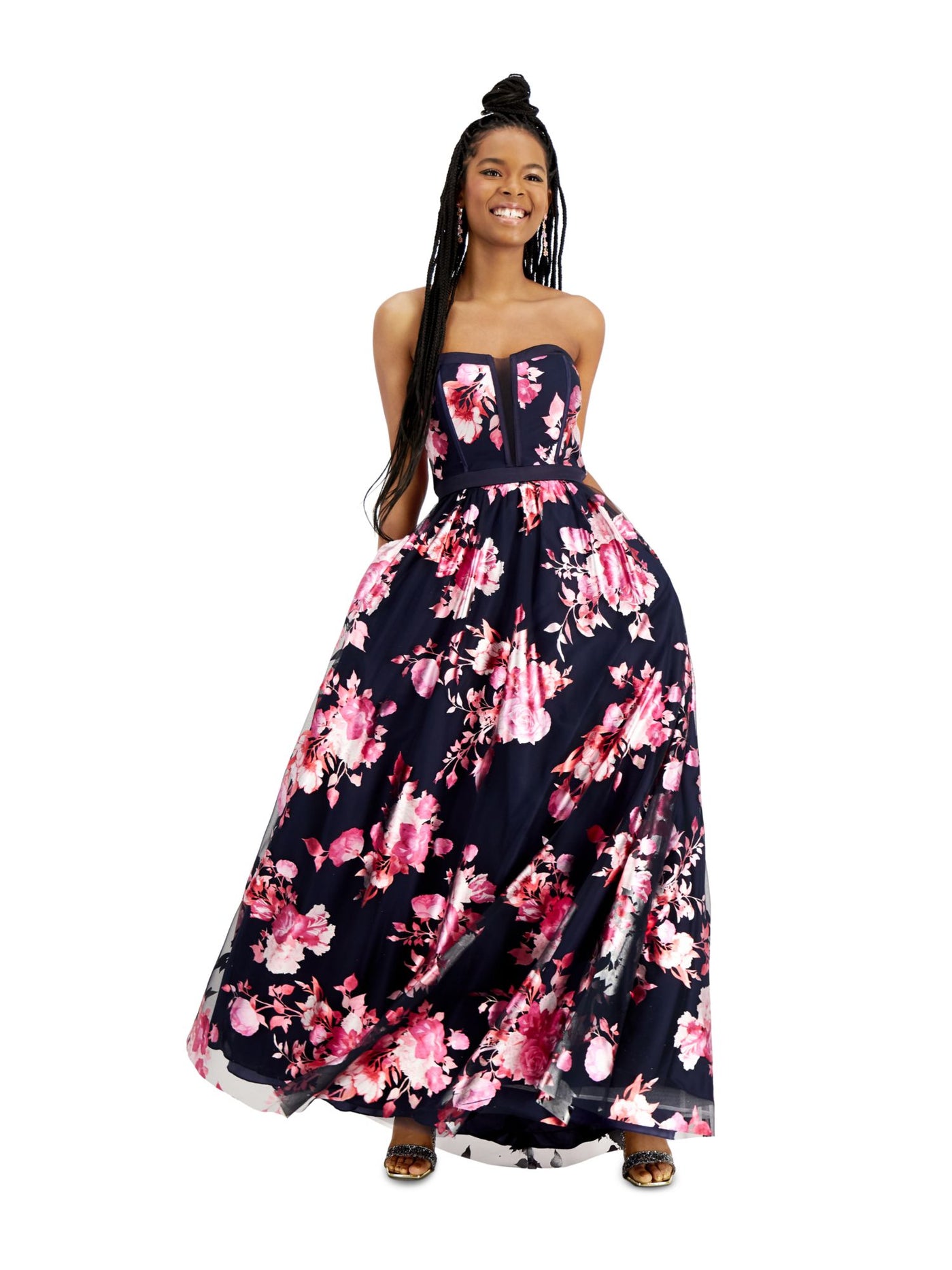 TEEZE ME Womens Navy Floral Sleeveless Strapless Full-Length Fit + Flare Prom Dress 0