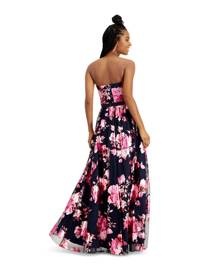 TEEZE ME Womens Navy Floral Sleeveless Strapless Full-Length Fit + Flare Prom Dress 3\4