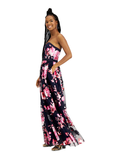 TEEZE ME Womens Navy Floral Sleeveless Strapless Full-Length Fit + Flare Prom Dress 3\4