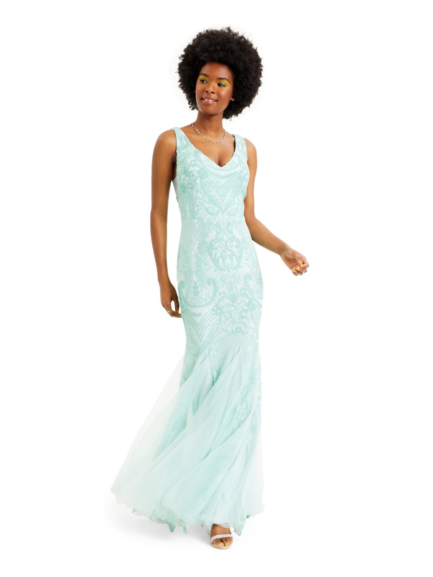 TEEZE ME Womens Turquoise Sequined Mesh Gown Sleeveless V Neck Full-Length Prom Mermaid Dress 7\8