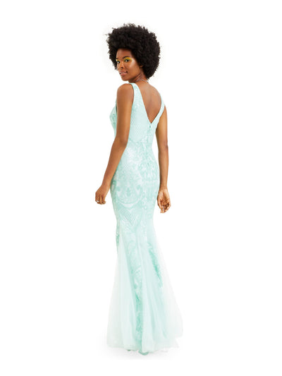 TEEZE ME Womens Turquoise Sequined Mesh Gown Sleeveless V Neck Full-Length Prom Mermaid Dress 7\8