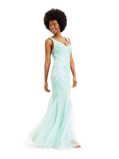 TEEZE ME Womens Turquoise Sequined Mesh Gown Sleeveless V Neck Full-Length Prom Mermaid Dress 7\8