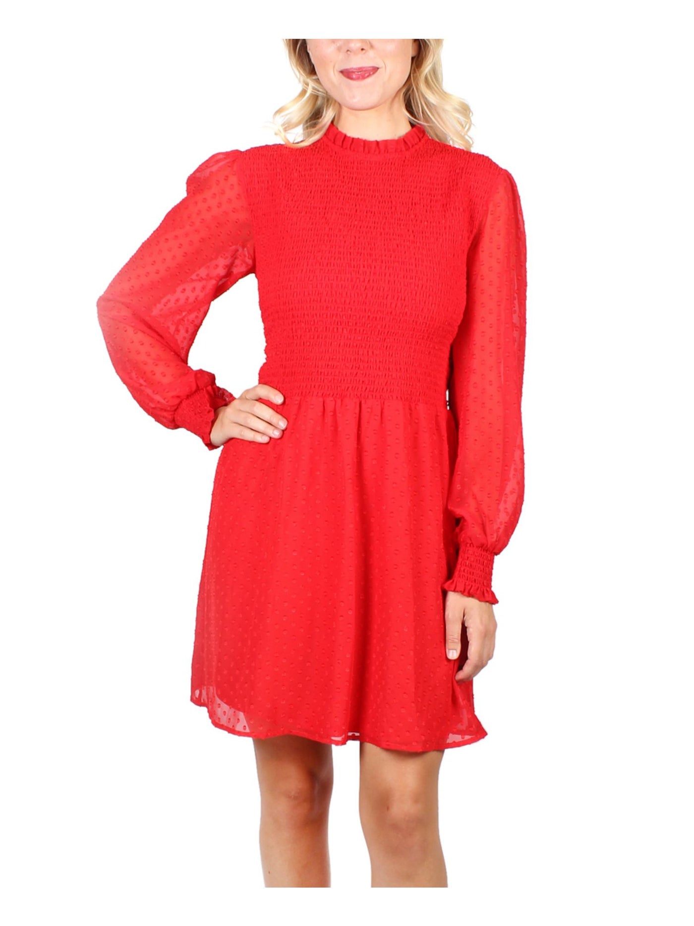 CRYSTAL DOLLS Womens Red Ruffled Zippered Smocked Long Sleeve Mock Short Fit + Flare Dress S