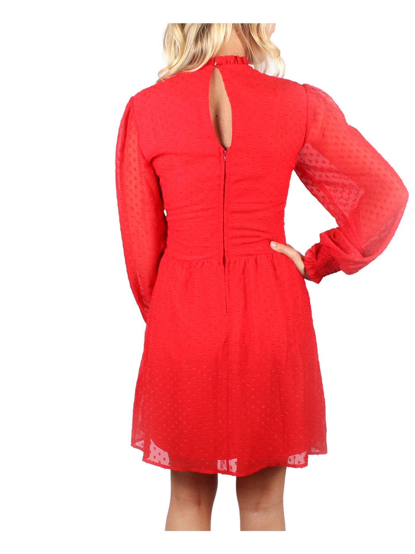CRYSTAL DOLLS Womens Red Ruffled Zippered Smocked Long Sleeve Mock Short Fit + Flare Dress S