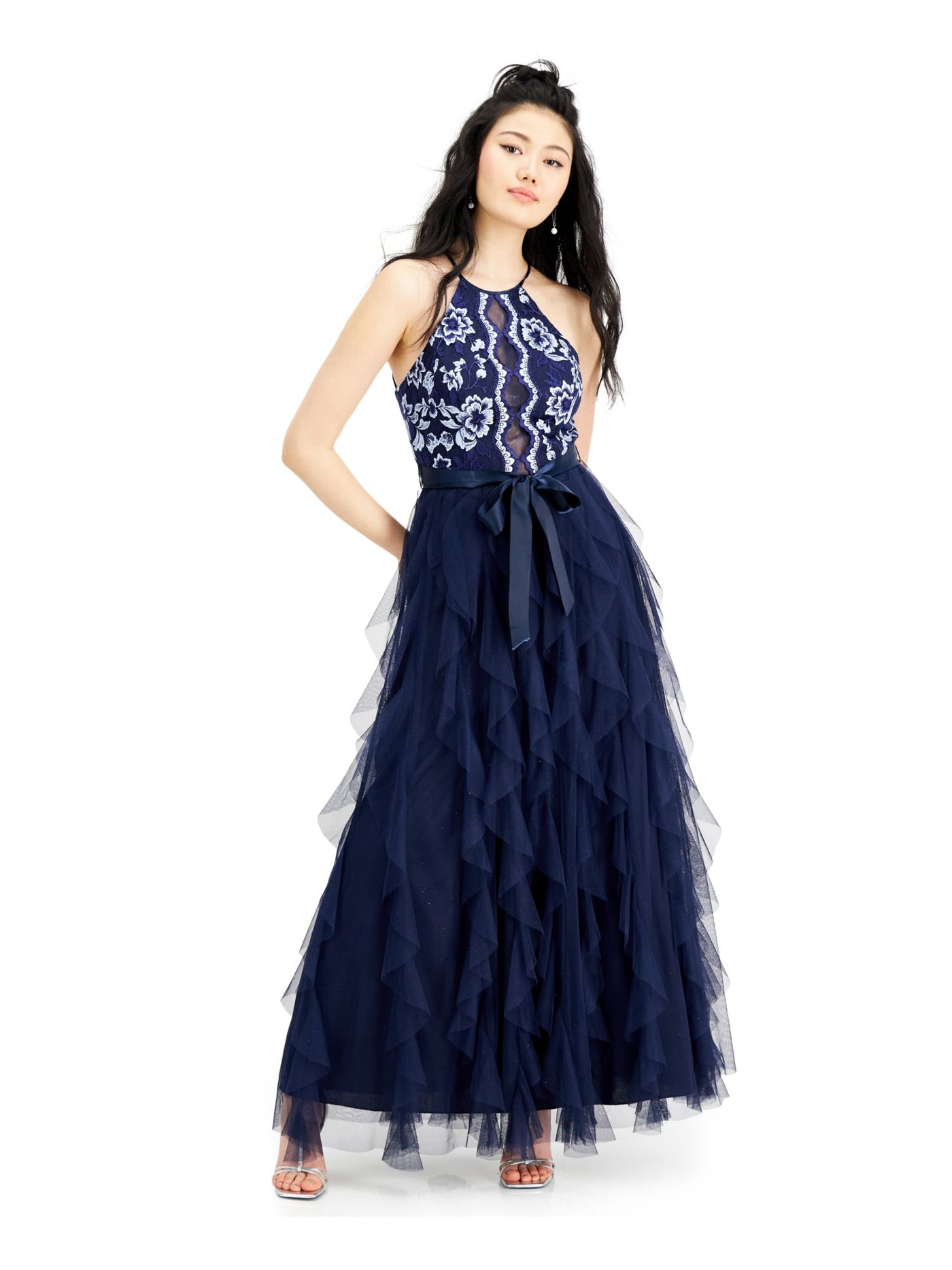 TEEZE ME Womens Navy Ruffled Textured Floral Sleeveless Halter Full-Length Layered Prom Dress 11\12