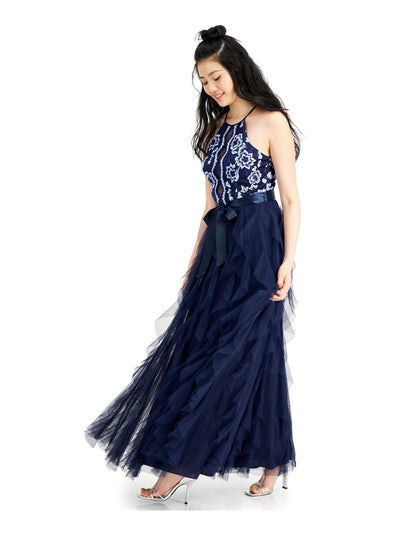TEEZE ME Womens Navy Ruffled Textured Floral Sleeveless Halter Full-Length Layered Prom Dress 3\4