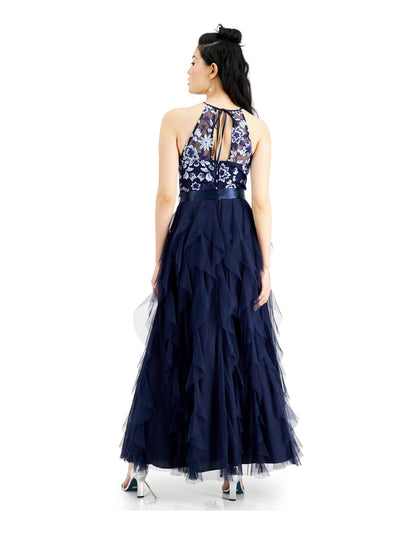 TEEZE ME Womens Navy Ruffled Textured Floral Sleeveless Halter Full-Length Layered Prom Dress 1