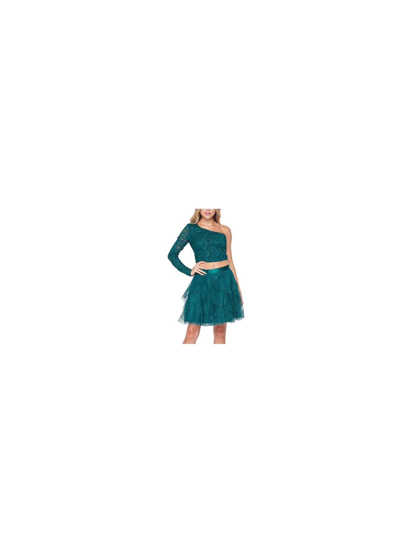 TEEZE ME Womens Green Glitter Lace Long Sleeve Asymmetrical Neckline Party Top 3