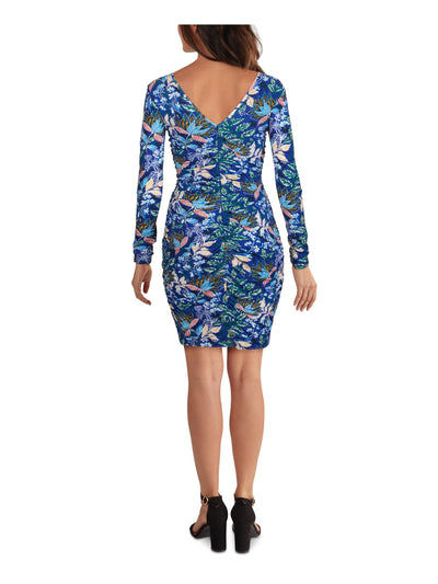 GUESS Womens Blue Zippered Floral Long Sleeve V Neck Above The Knee Body Con Dress 2