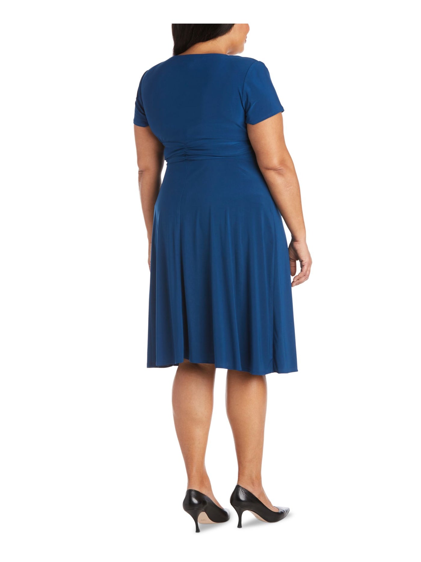 R&M RICHARDS Womens Blue Jersey Embellished Ruffled Rouched Stretch Short Sleeve Surplice Neckline Knee Length Cocktail Empire Waist Dress Plus 14W