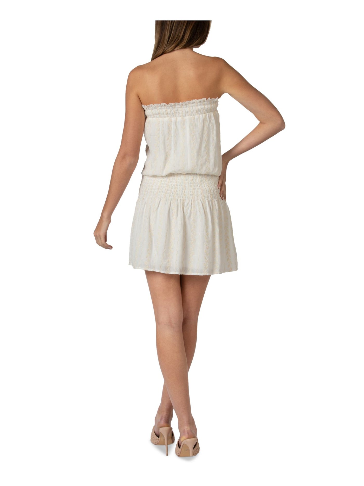 B DARLIN Womens Embroidered Smocked Strapless Short Blouson Dress